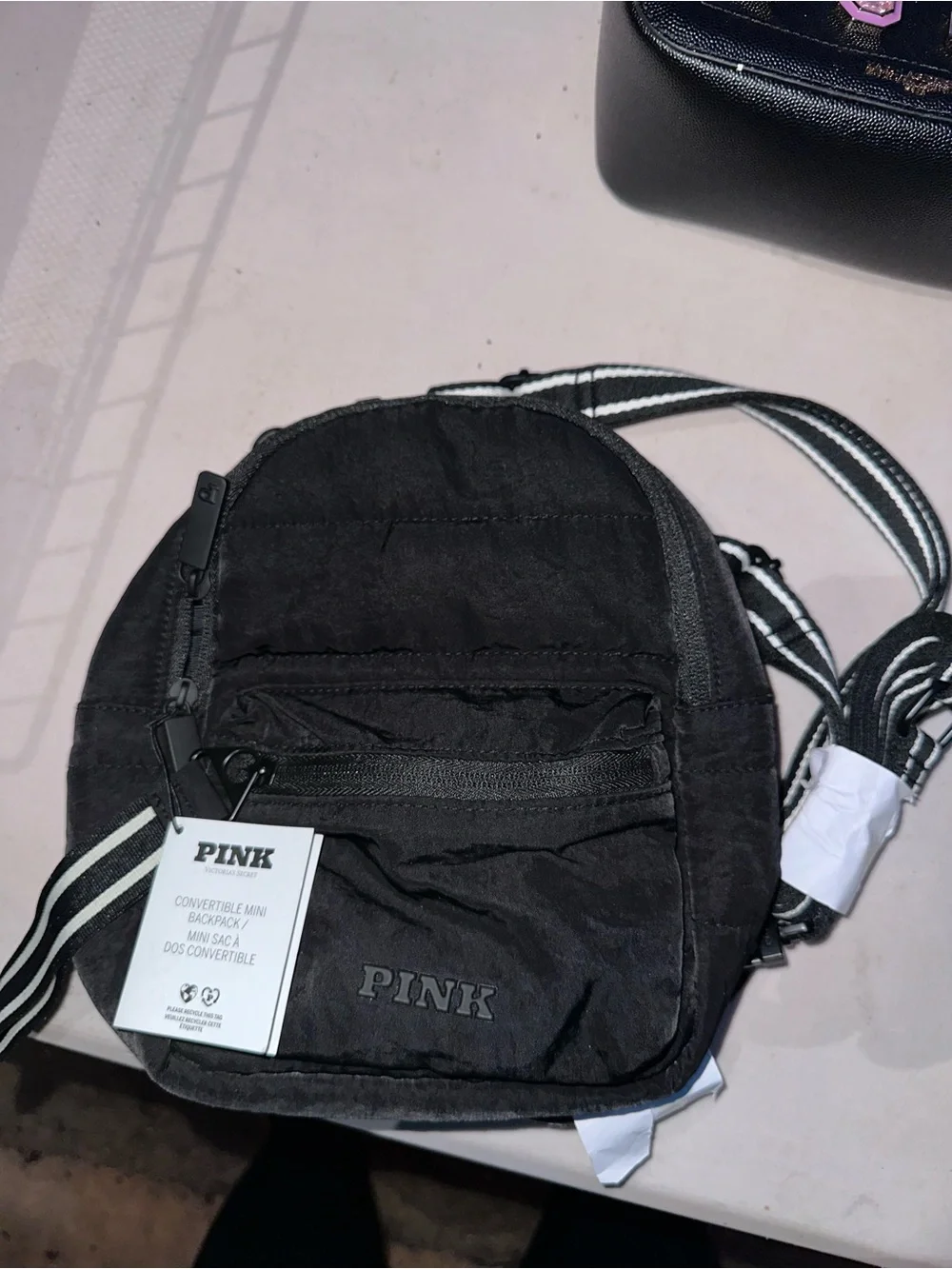 PINK Victoria's Secret Black Convertible Mini Backpack with Striped Straps